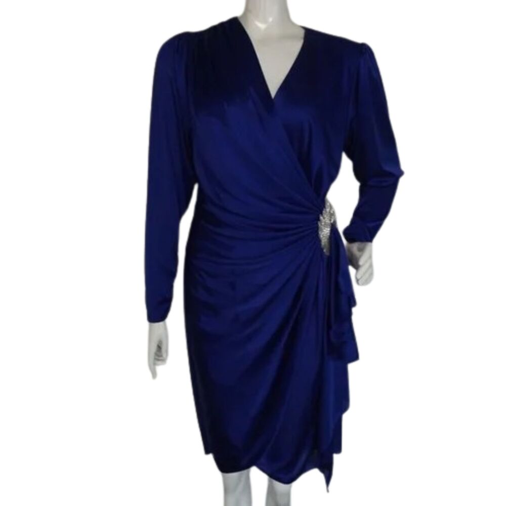Rich Blue Wrap Dress, S/XS, Gathered Hip/Silver beaded accent, Ruched sleeves